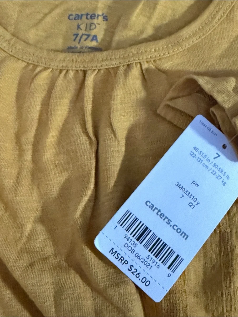 Carter's Girls Mustard Yellow Long-Sleeve Peplum Ruffled Hem Top- Size 7/7A